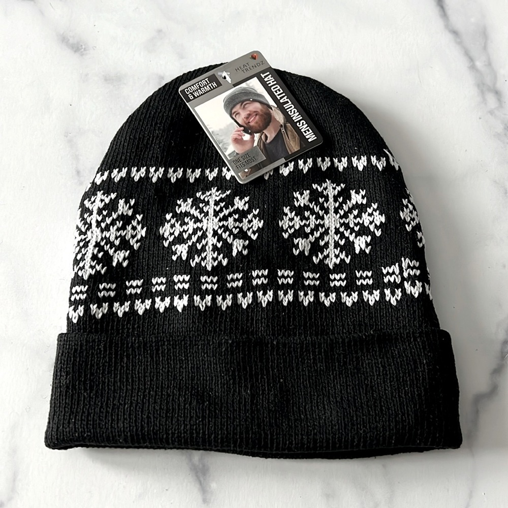 Men’s Insulated Hat, Knit Beanie, Black & White One Size New w/Tag